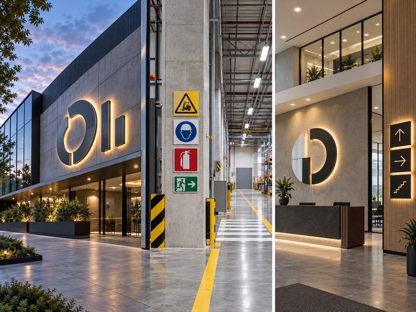 Tres aplicaciones de avisos y señalización: fachada con aviso tridimensional iluminado, señales de seguridad industrial y orientación corporativa interior
