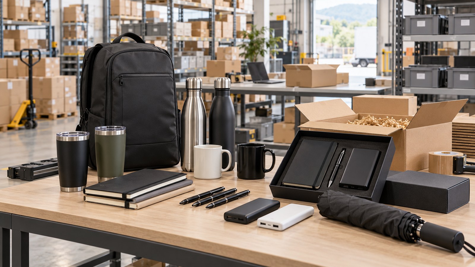 Artículos promocionales preparados en una bodega para pedidos corporativos, con morral, termos, mugs, libretas, bolígrafos, tecnología y paraguas