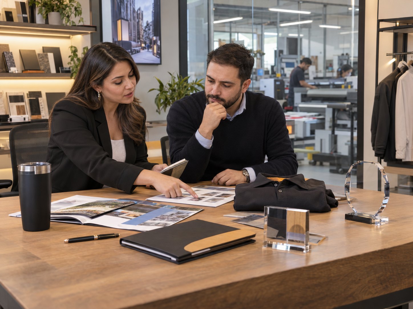 Asesoría de soluciones publicitarias corporativas: un proveedor y una compradora revisan muestras de impresos, prendas y reconocimientos sobre una mesa, con la producción visible al fondo