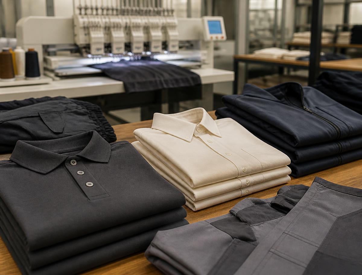 Camisas polo, camisas oxford, chaquetas y overoles corporativos doblados frente a una máquina bordadora industrial