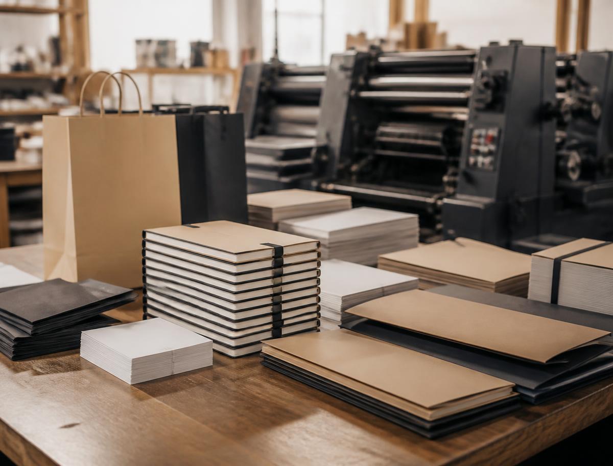 Libretas, carpetas, tarjetas y bolsas de papel sin marcar apiladas en un taller de litografía con prensa de impresión al fondo