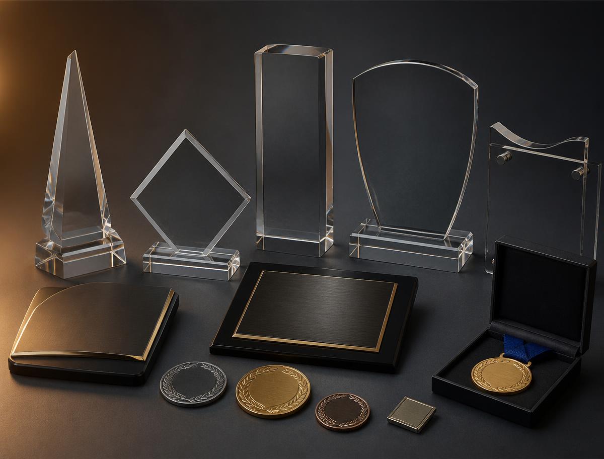 Trofeos en vidrio y acrílico, placas conmemorativas, medallas y pines sin grabar sobre una superficie oscura con iluminación cálida