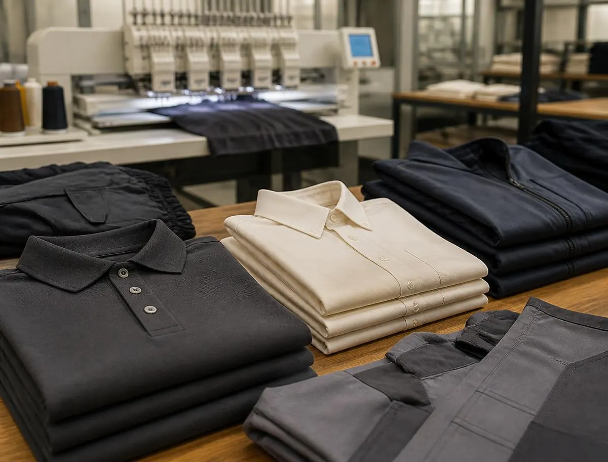 Camisas polo, camisas oxford, chaquetas y overoles corporativos doblados frente a una máquina bordadora industrial