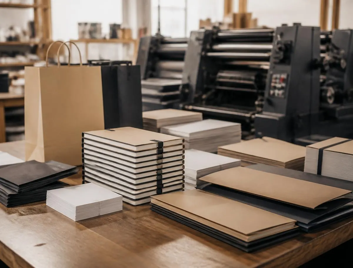 Libretas, carpetas, tarjetas y bolsas de papel sin marcar apiladas en un taller de litografía con prensa de impresión al fondo